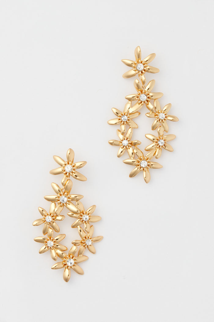 Mignonne Gavigan floral motif earrings shaped like daisy flowers, each with a small clear gemstone at the center, arranged in a cascading cluster design.