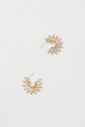 The Mignonne Gavigan Ines Earrings feature a fan-shaped design in 14k gold-plated finish, each accented with multiple marquise-shaped crystals arranged in a sparkling semi-circular pattern.