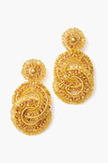 Lavish 18k gold-plated earrings with ornate circular designs and amber beads, featuring intricate beadwork and metallic accents.