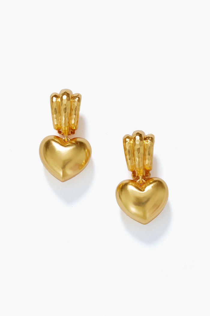 A pair of VALERE Gold Little Love Bubble Earrings featuring heart-shaped pendants with a textured three-bar design above each heart, crafted in 24k yellow gold. These elegant clip-ons add charm to any look.
