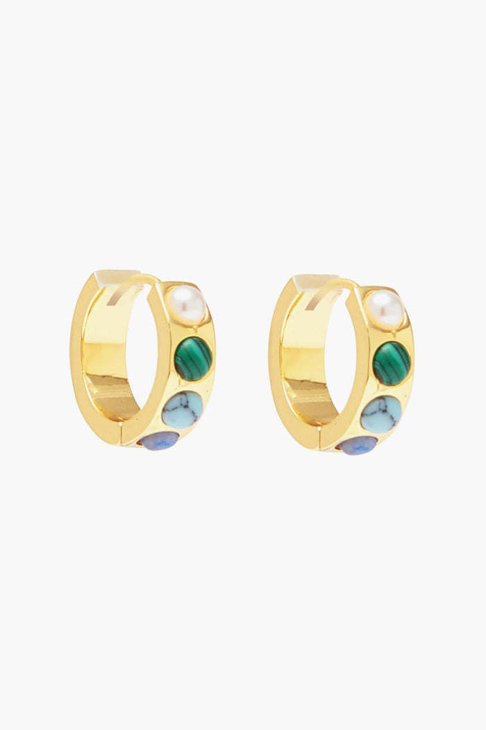 A pair of Mignonne Gavigan Gold Petra Huggie Hoop earrings embellished with a pearl and three semiprecious stones in green, turquoise, and blue hues.