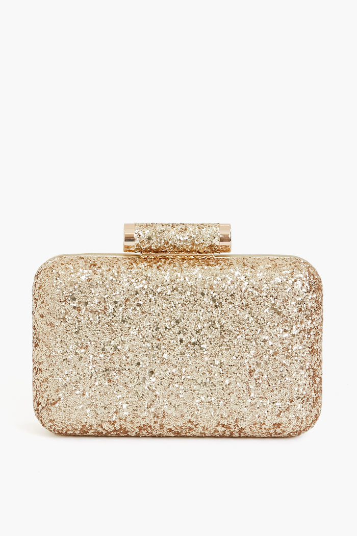 The Olga Berg rectangular gold glitter clutch features a matching glitter clasp and is crafted from vegan leather—an elegant evening bag choice.