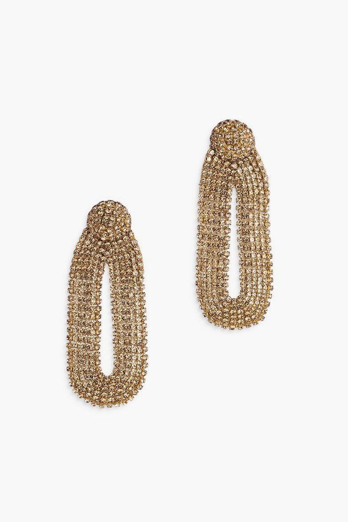 Pair of Deepa Gurnani Gold Shyna Earrings featuring gold-tone chain links and rows of sparkling rhinestones, inspired by Indian hand embroidery—perfect for adding elegance to your handmade accessories collection.