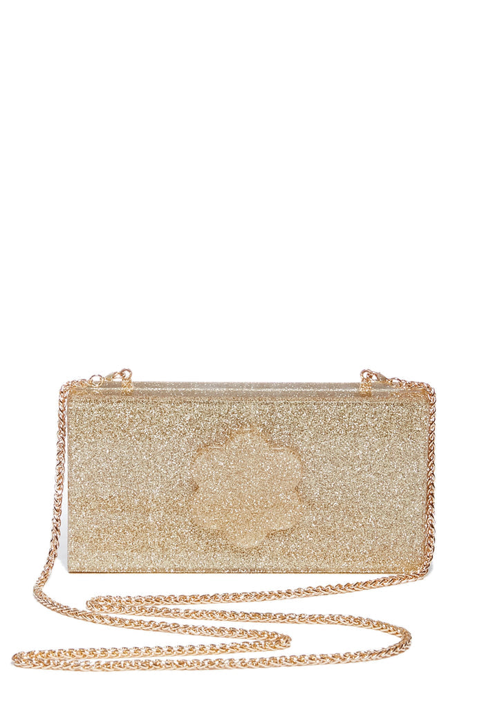 ASHA Rectangular Gold Sparkle Flower Clutch with a gold chain strap, featuring a glitter floral motif on the front.