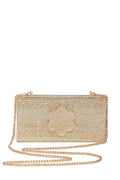 ASHA Rectangular Gold Sparkle Flower Clutch with a gold chain strap, featuring a glitter floral motif on the front.