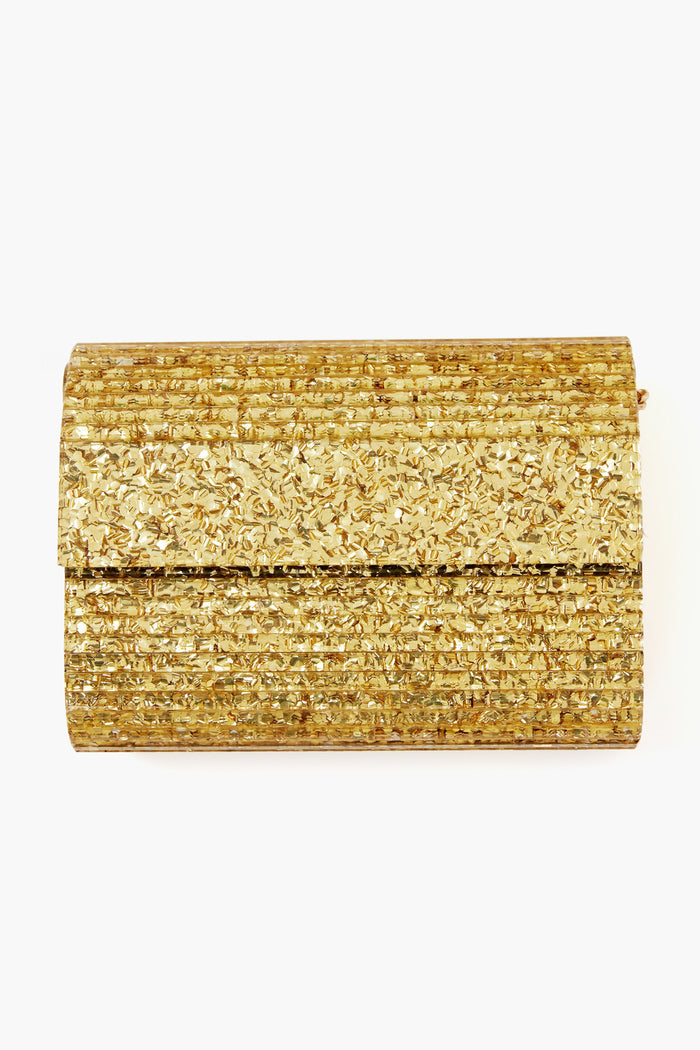 Olga Berg rectangular gold glitter clutch with a textured, shiny surface and flap closure—perfect as an evening bag.
