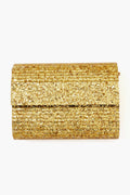 Olga Berg rectangular gold glitter clutch with a textured, shiny surface and flap closure—perfect as an evening bag.