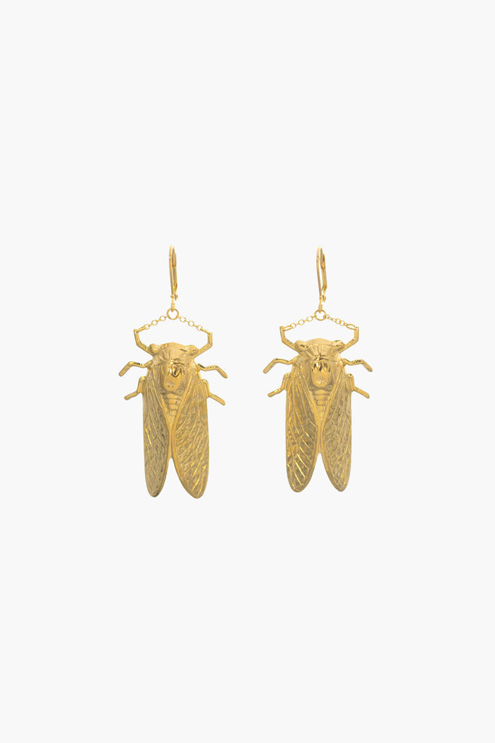 Goldbug Cicada Earrings are crafted in 14K Yellow Gold, featuring detailed wings and antennae—a unique piece of Charleston jewelry for those who love distinctive style.