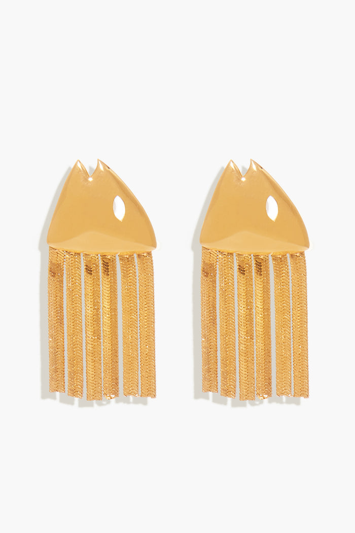 Mignonne Gavigan Goldie Fish Earrings: Gold-plated brass earrings shaped like stylized fish heads with a cutout eye and chain fringes, highlighting exquisite handmade craftsmanship.
