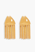 Mignonne Gavigan Goldie Fish Earrings: Gold-plated brass earrings shaped like stylized fish heads with a cutout eye and chain fringes, highlighting exquisite handmade craftsmanship.