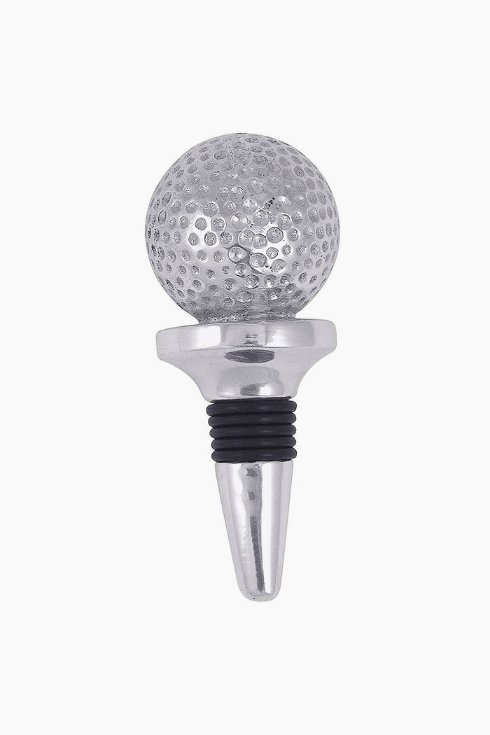 The Mariposa Golf Ball Bottle Stopper is handmade from recycled aluminum, featuring a silver and black golf ball design on top.