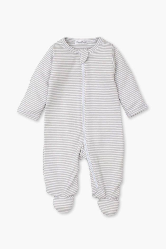 Kissy Kissy ultra soft baby pajamas: long-sleeve, footed onesie featuring thin gray and white stripes and a front zipper closure.