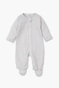 Kissy Kissy ultra soft baby pajamas: long-sleeve, footed onesie featuring thin gray and white stripes and a front zipper closure.