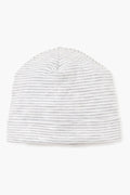 A kissy kissy white Pima cotton baby hat with light gray thin horizontal stripes in the Classic Rib Hat style.