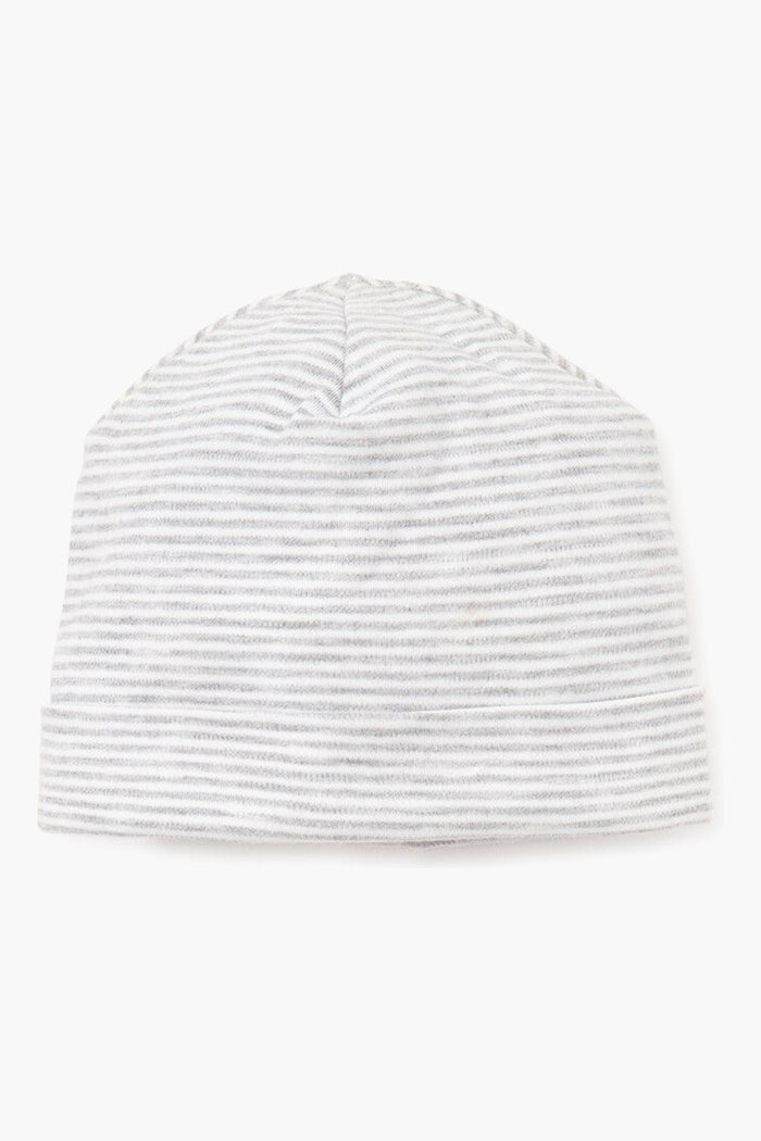 A kissy kissy white Pima cotton baby hat with light gray thin horizontal stripes in the Classic Rib Hat style.
