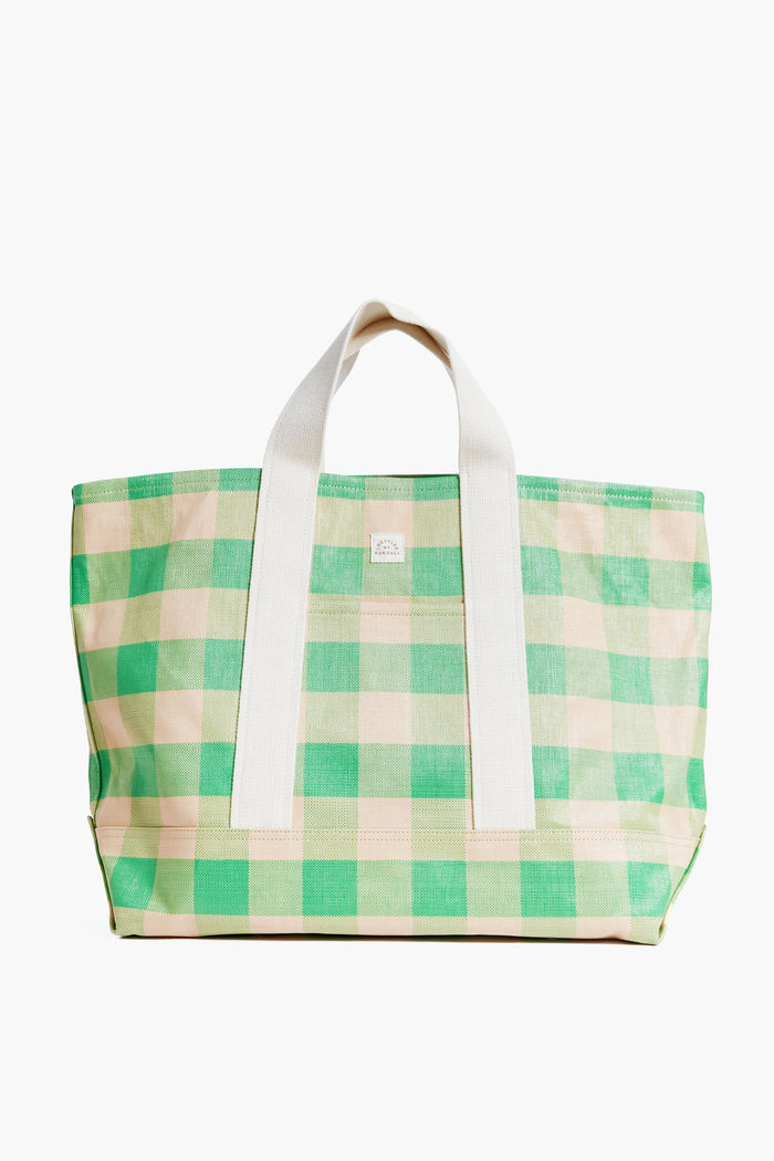 Loeffler Randall large gingham tote bag featuring a green and off-white checkered pattern, two wide white handles, and a small front label. Inspired by the Bodie Oversized Bag.