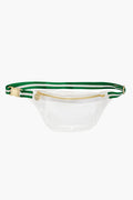 The Stoney Clover Lane stadium fanny pack features a clear body, gold zipper, and green-and-white striped adjustable strap—perfect for hands-free accessorizing.