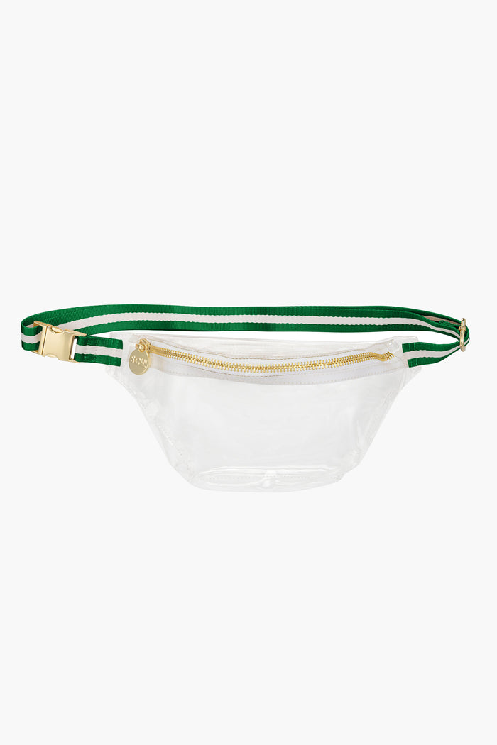 The Stoney Clover Lane stadium fanny pack features a clear body, gold zipper, and green-and-white striped adjustable strap—perfect for hands-free accessorizing.