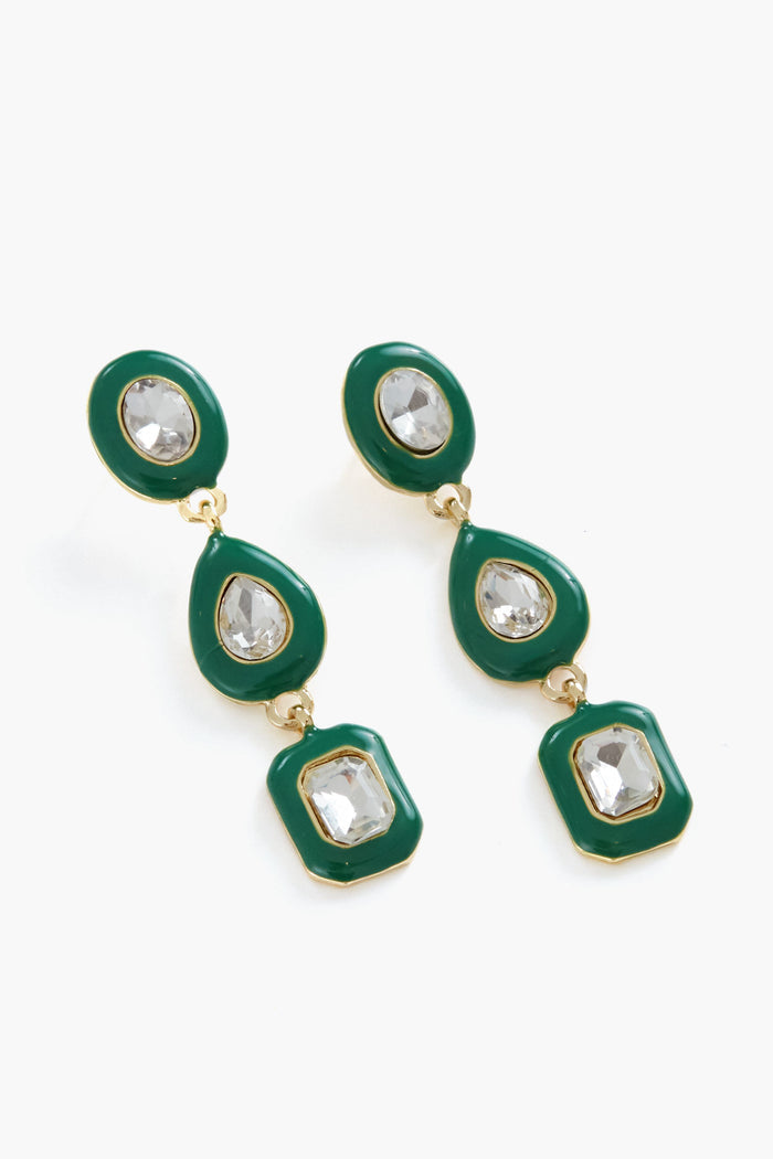 A pair of Petit Moments Green Cole Earrings featuring a gold-tone dangle design with green enamel accents and clear crystal embellishments in oval, teardrop, and hexagonal shapes.