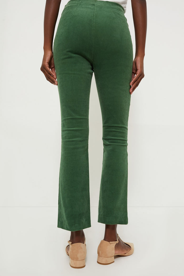 Effortlessly chic Green Corduroy Ashford Pants with a classic high rise and cropped kick hem, paired with nude slingback heels for a fun, high-end look.