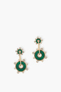 Mignonne Gavigan Etna Luxe Drop Earrings: Gold-plated drop earrings with green circular accents and small clear gemstones add a sophisticated touch.
