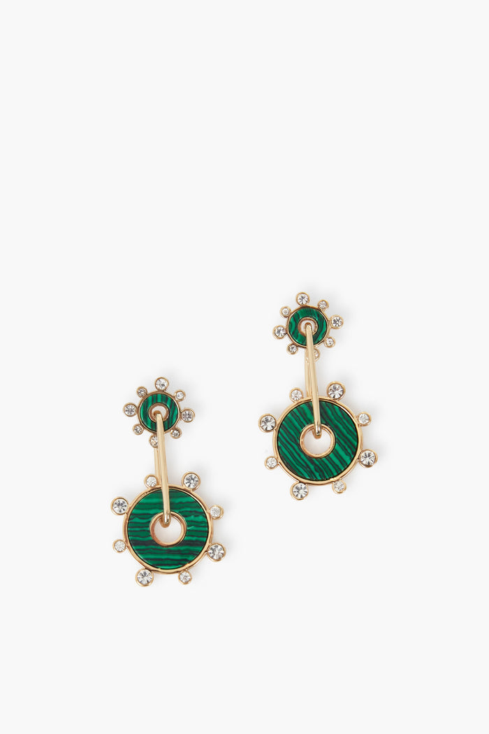 Mignonne Gavigan Etna Luxe Drop Earrings: Gold-plated drop earrings with green circular accents and small clear gemstones add a sophisticated touch.