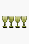 Chefanie’s set of four green textured stem glasses, arranged in a row, makes this goblet set ideal for entertaining and stylish drinkware.