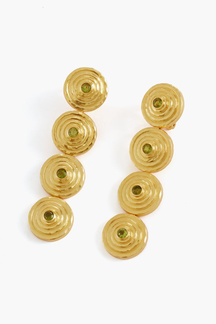 VALERE 24k gold plated drop earrings with three round, textured discs, each accented by a green tourmaline quartz. Ideal for lovers of elegant, handmade jewelry.