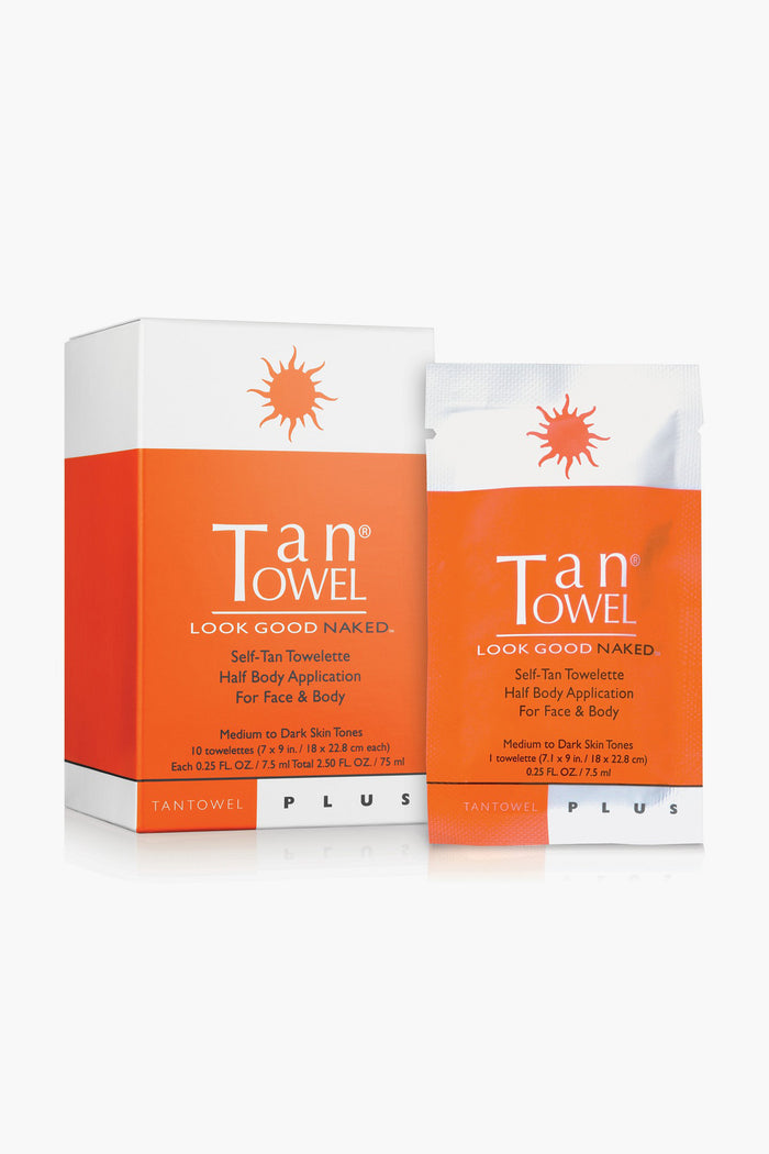 TanTowel Half Body Plus 10 Pack: Classic, effortless self-tanning towelettes for medium-dark skin tones, offering a fun, mess-free application and a high-end sun-kissed glow.