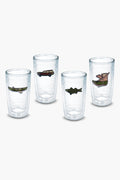 Four clear Tervis Tumbler x Tuckernuck tumblers, each featuring a unique embroidered patch—a canoe, car, fish, and boot—are arranged in a row. Their BPA-free double-wall design keeps drinks at the perfect temperature.