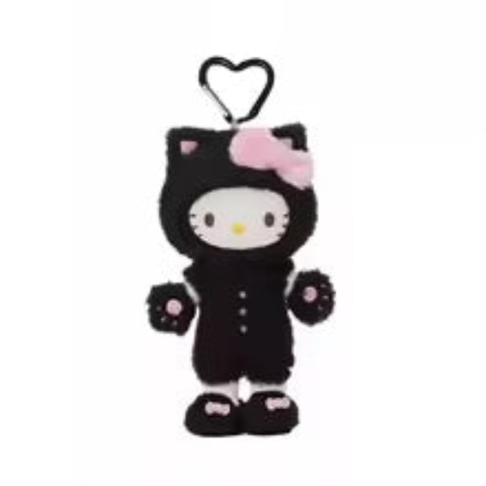 Black cat-shaped plush toy with a pink bow on a white background