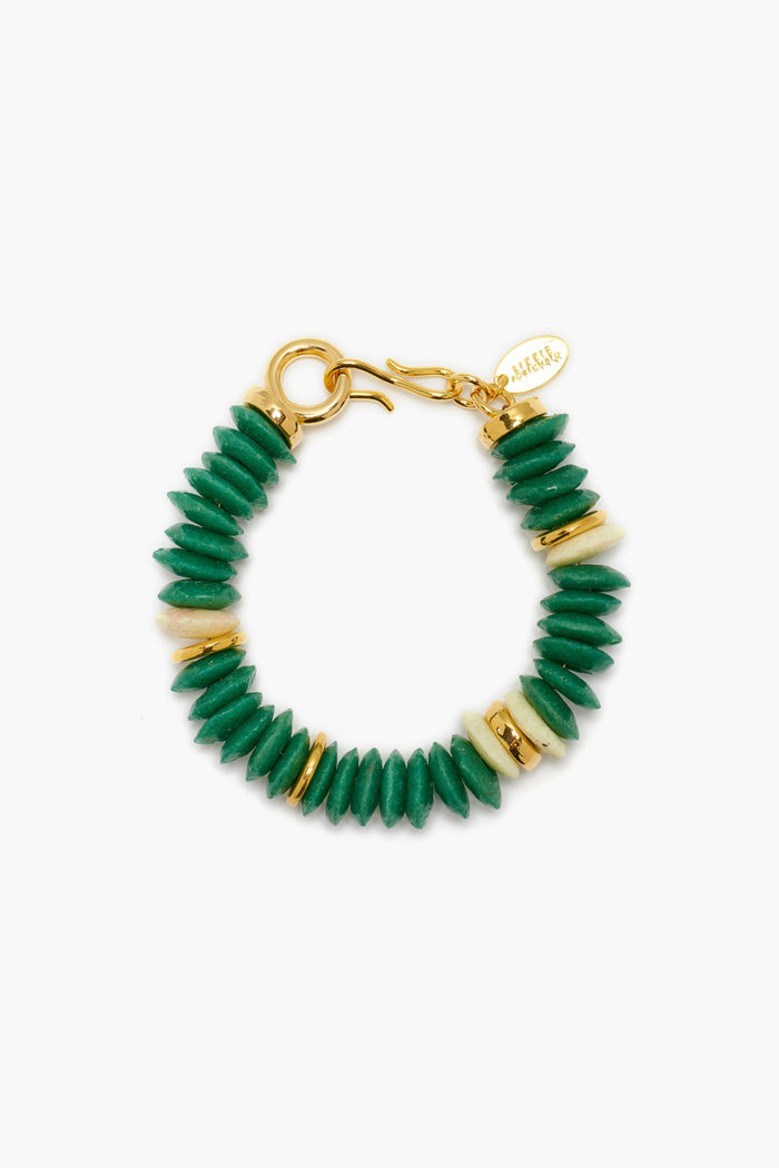 A Lizzie Fortunato recycled glass bracelet with green and white disc beads, gold accents, and a gold clasp.