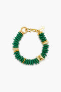 A Lizzie Fortunato recycled glass bracelet with green and white disc beads, gold accents, and a gold clasp.