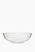 Clear glass serving bowl by Juliska, featuring a simple Isabella motif around the sides and inspired by their Al Fresco Serving Bowl design.