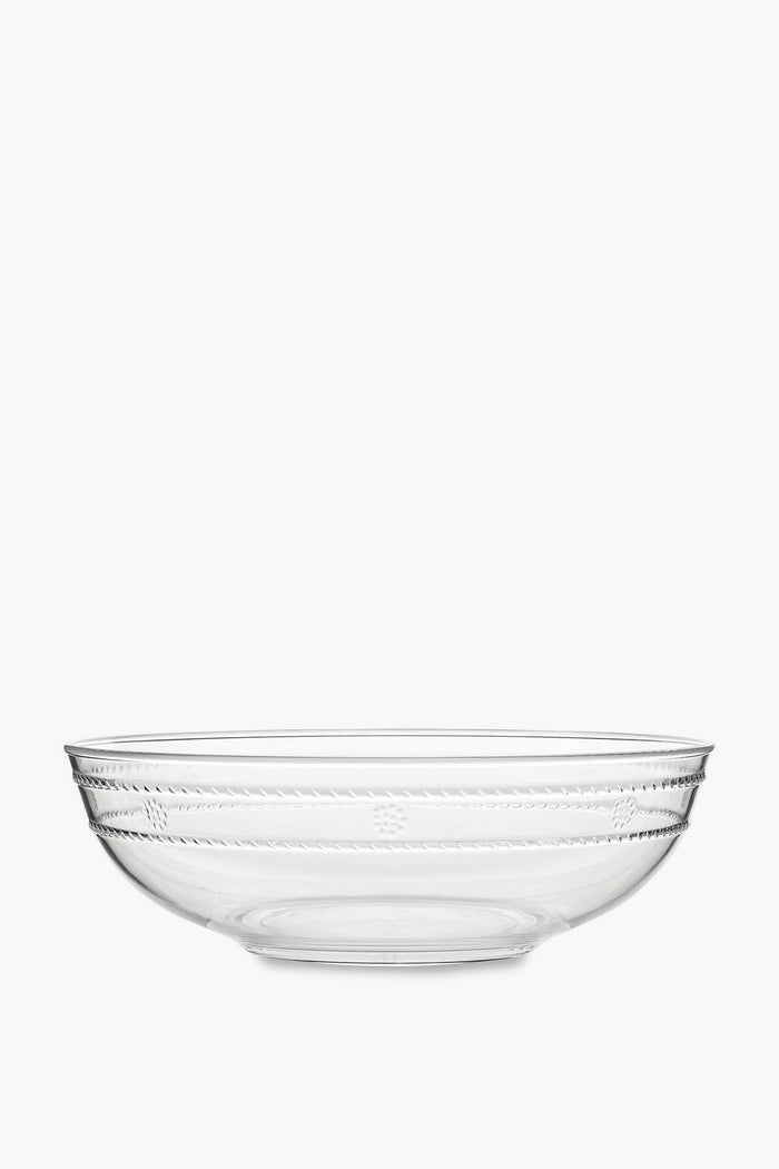 Clear glass serving bowl by Juliska, featuring a simple Isabella motif around the sides and inspired by their Al Fresco Serving Bowl design.