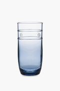 A clear blue Juliska acrylic tumbler with a smooth surface and two textured bands near the top; BPA free and dishwasher safe.