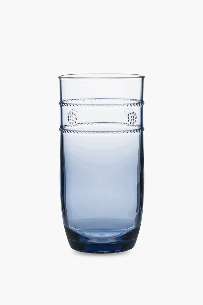 A clear blue Juliska acrylic tumbler with a smooth surface and two textured bands near the top; BPA free and dishwasher safe.