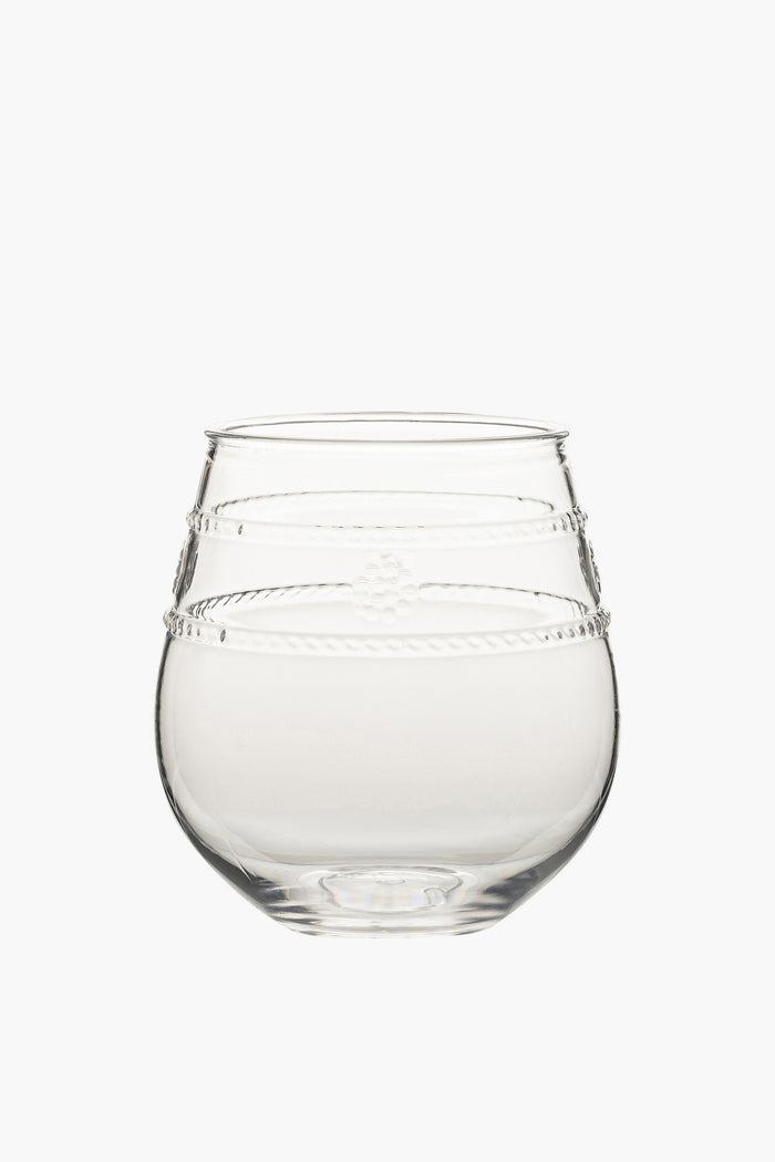 The Juliska clear, round stemless wine glass features a slightly tapered top and decorative horizontal etched lines around the upper half—perfect for outdoor dining.