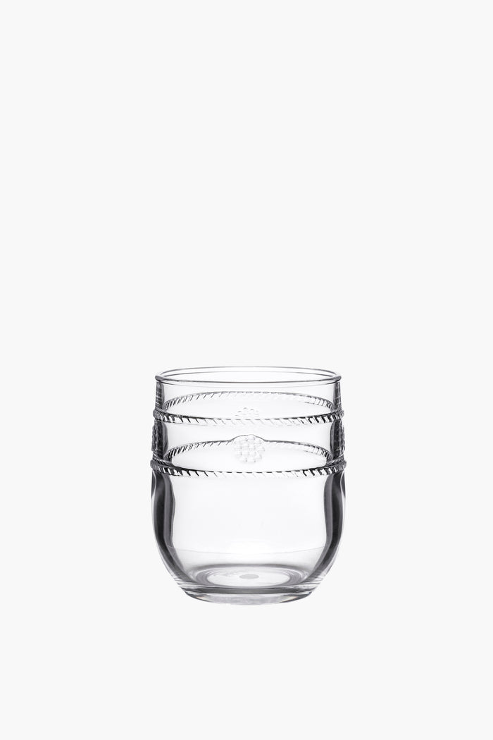 Juliska clear acrylic stemless tumbler features a rounded shape with two twisted rope bands, inspired by the Al Fresco collection. BPA-free and dishwasher-safe, it offers stylish and easy entertaining.