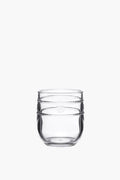 Juliska clear acrylic stemless tumbler features a rounded shape with two twisted rope bands, inspired by the Al Fresco collection. BPA-free and dishwasher-safe, it offers stylish and easy entertaining.