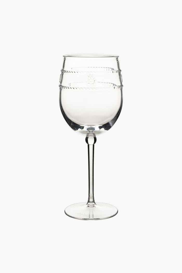 Juliska wine glass with a round bowl featuring two decorative horizontal bands in the Isabella motif, set on a slender stem and circular base.