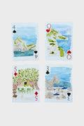 Four watercolor playing cards by LouLou Baker feature Italian Riviera landscapes and coastal seating; shown are 4 of spades, queen of hearts, 5 of diamonds, and 3 of clubs—a unique gift for art and travel lovers.