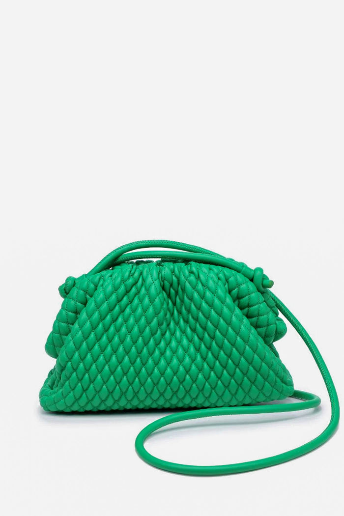 The Urban Expressions small green woven vegan leather crossbody bag features a gathered top and a thin shoulder strap.