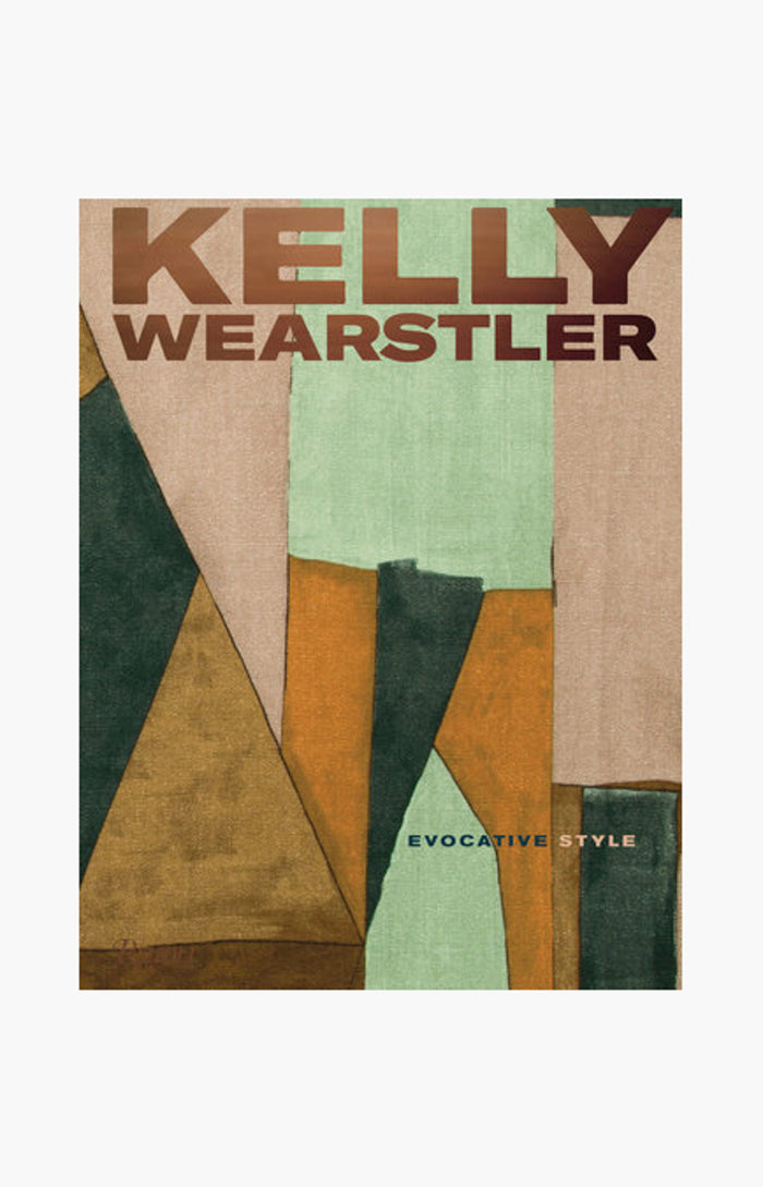 Book cover of Rizzoli's Kelly Wearstler: Evocative Style featuring abstract geometric shapes in muted green, brown, and beige, reflecting luxurious interiors and bold textures.