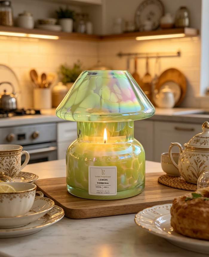A lit candle in a translucent iridescent green glass jar with a mushroom-shaped lid, placed on a wooden board in a warm, softly blurred kitchen setting.