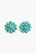Pair of round Larimar stone earrings with clusters of small turquoise stones set in gold-tone metal by Modafleur—a Nashville lifestyle brand—perfect for boho jewelry lovers.