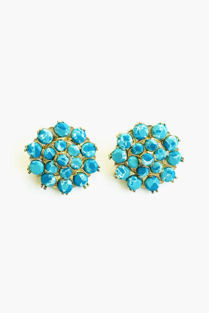 Pair of round Larimar stone earrings with clusters of small turquoise stones set in gold-tone metal by Modafleur—a Nashville lifestyle brand—perfect for boho jewelry lovers.