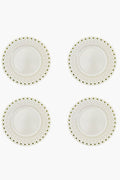 Four round, white melamine dinner plates by Two's Company feature decorative lattice-patterned rims. Shatter-resistant and practical, these plates are arranged in a two-by-two grid—perfect for stylish everyday use.