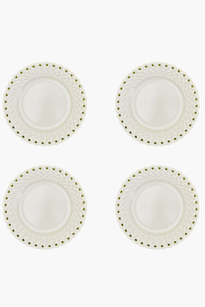 Four round, white melamine dinner plates by Two's Company feature decorative lattice-patterned rims. Shatter-resistant and practical, these plates are arranged in a two-by-two grid—perfect for stylish everyday use.