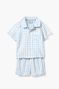 Petite Plume light blue and white gingham short-sleeve cotton pajama set includes a button-up shirt and matching shorts—perfect sleepwear for kids.